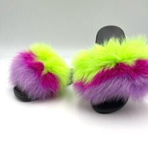 NEW Fox Fur Slides for Girls  Comfort Open Toe Fur Slippers Outdoor SIZE 2.5girl